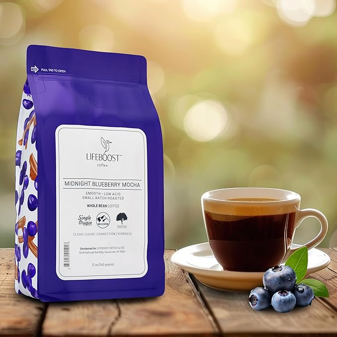Lifeboost Midnight Blueberry Mocha Whole Bean Coffee - Non-GMO Wild Blueberry Low Acid Single Origin Coffee Beans - Third Party Tested For Mycotoxins & Pesticides - 12 Ounces