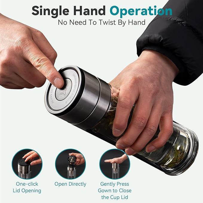 COMI Tea Bottle with Infuser,Double-Wall Glass Travel Mug with One Click Open Lid, Leak Proof Tea Infuser Bottle for Loose Leaf, Fruit & Flower Infused Drinks, Heat & Cold Resistant, Tea Gift Set