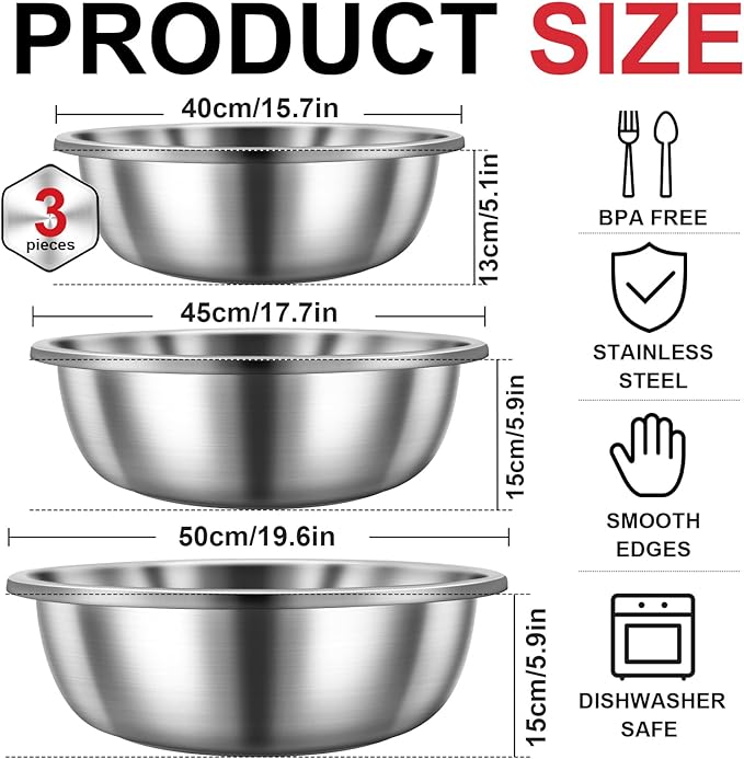 Domensi Set of 3 Extra Large Stainless Steel Mixing Bowls Large Mixing Container Easy to Clean, Nesting Bowls for Space Saving Storage for Cooking, Baking(201 Stainless Steel,13, 16, 20 Quart)