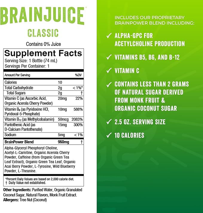 BrainJuice Focus & Energy Drink Shots, Nootropics with Alpha GPC, B Vitamins & Organic Green Tea Caffeine, Supports Focus, Memory & Clarity, Non-GMO, Gluten Free, Classic, 2.5 fl oz, 12 Pack