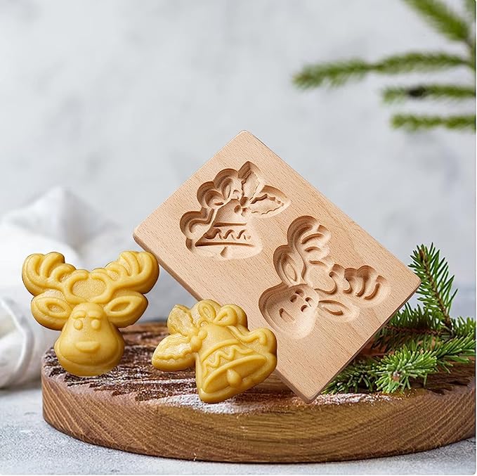 Wooden Cookie Biscuit Mold, 3D Baking Mold, Embossing Craft Decorating Baking Tool, Suitable for Halloween Thanksgiving Christmas Kitchen DIY (Bell Deer)