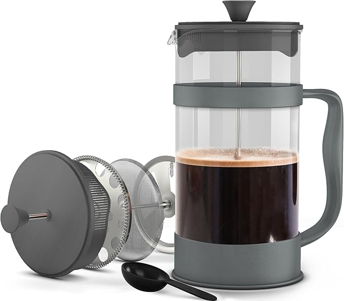 Utopia Kitchen French Press Espresso and Tea Maker with Triple Filters, Stainless Steel Plunger and Heat Resistant Borosilicate Glass (Grey, 34-oz (Pack of 1))
