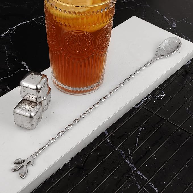 AnSaw Silver 12-Inch Stainless Steel Cocktail Spoon with Leaf Handle - Perfect for Mixing & Layering Drinks in Tall Cups, Bar & Shakers - Durable Long Handle Bar Stirrer,2-Pieces