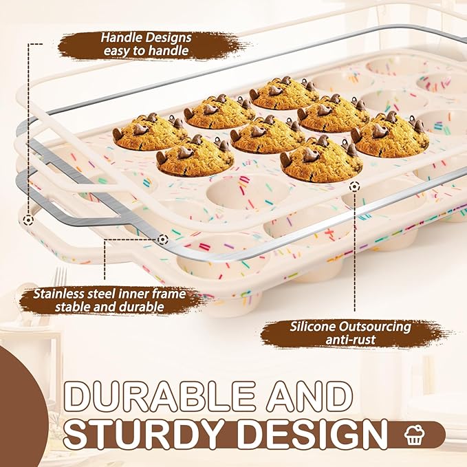 Silicone Mini Muffin Pan, 24 Cups Muffin Tin Baking Mold With Reinforced Stainless Steel Frame Inside, Nonstick Bakeware Cupcake Pan BPA Free, 2PCS