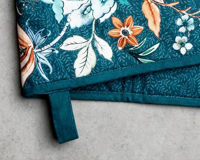 Maison d' Hermine Double Oven Mitts 100% Cotton 7"x35" Double Oven Mitt Heat Resistant BBQ Cooking Gloves with Loop, Baking, Grilling, Home, Kitchen, Handling Hot Pans (Luxury Loft-Dark Teal)