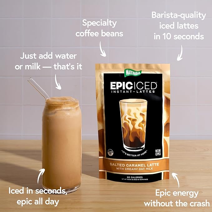 Matchabar Epic Iced Instant Latte Powder | Salted Caramel Espresso w/Oat Milk Base | Low Sugar, Non-Diary & Vegan Instant Iced Coffee Powder | Barista-Quality Creamy Latte Mix | 10 Servings