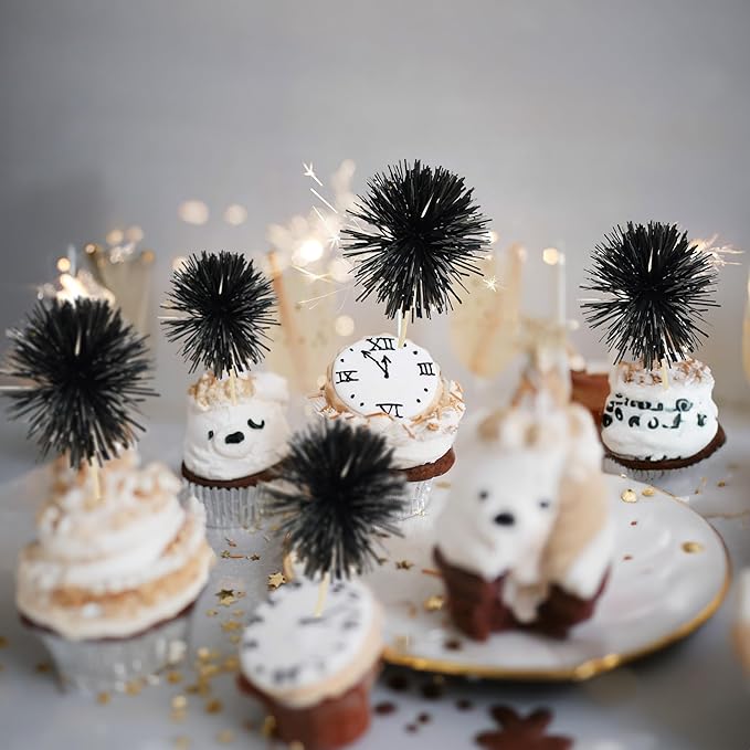 Gyufise 30Pcs Foil Firework Cupcake Toppers Sparkle Tinsel Cake Toppers Tinsel Drink Cake Decoration Cocktail Picks for Birthday Wedding Graduation Party Supplies Black