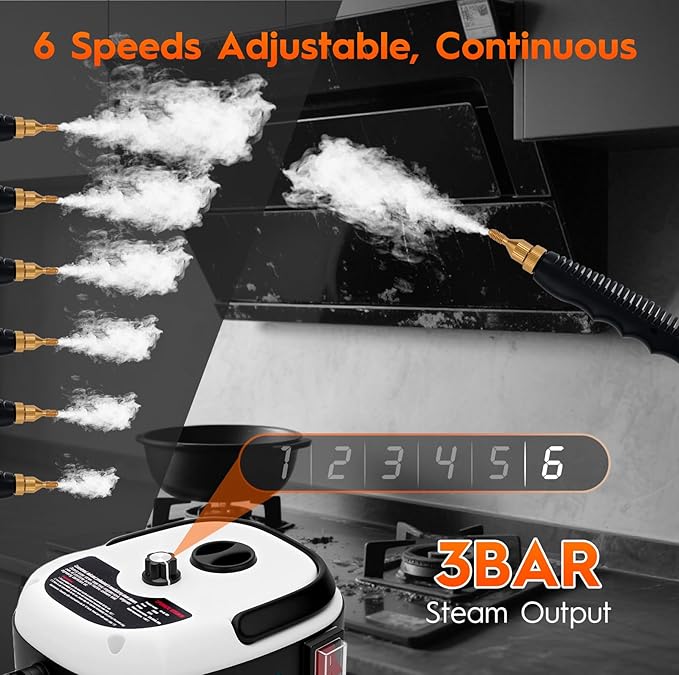 Steam Cleaner, 2500W High Handheld Steam Cleaner, 1L Portable Car Steam Cleaner, 6 High Speeds Pressure Temperature Steam Cleaning Machine with 3 Brush Heads for Kitchen Home Car Cleaning（White）