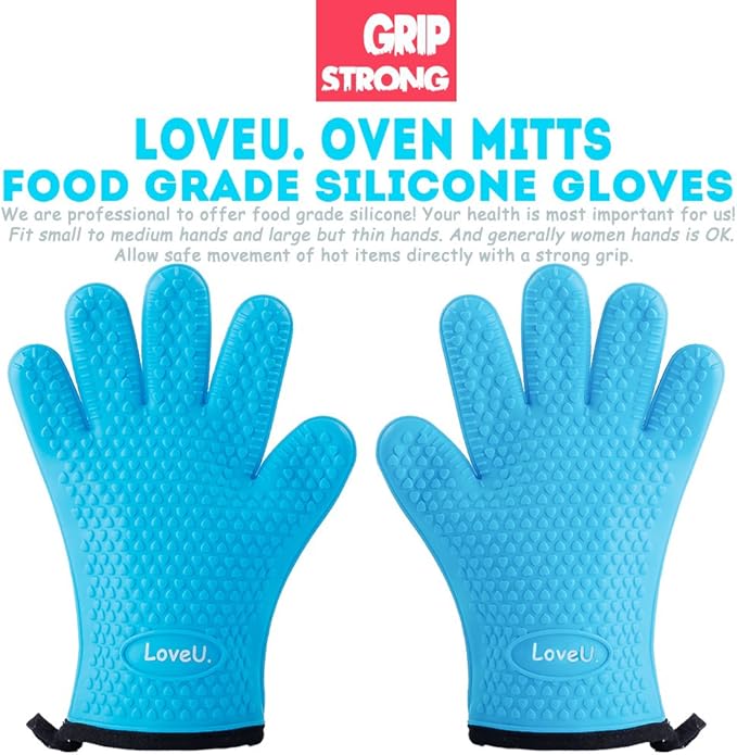 Kitchen Oven Gloves - Dual-Layer Heat Resistant Grilling Gloves, Silicone Oven Mitts with 5 Fingers, Waterproof Non-Slip Pot Holder for Barbecue, Cooking, Baking (XL-XXXL, Blue)
