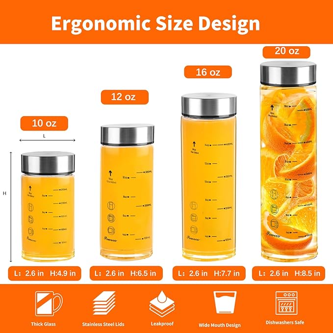 Glass Juice Bottles 6 Pack 16 oz - Wide Mouth Glass Water Bottles with Lids - for Juicing, Protein, Smoothie, Milk, Reusable, BPA Free, Stainless Steel Lids, Blender, Shaker Bottle [16oz/500ml]
