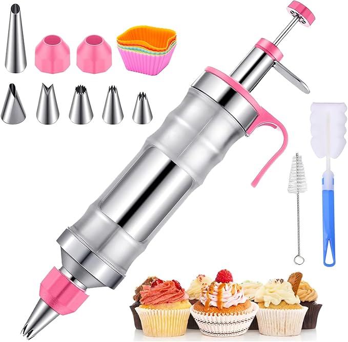 Cake Decorating Kit with 6 Stainless Steel Icing Nozzles, Reusable Piping Gun & Tips Set – Professional Frosting Tools for Cupcakes, Cookies, Cakes, Desserts – Baking Supplies for Beginners & Bakers