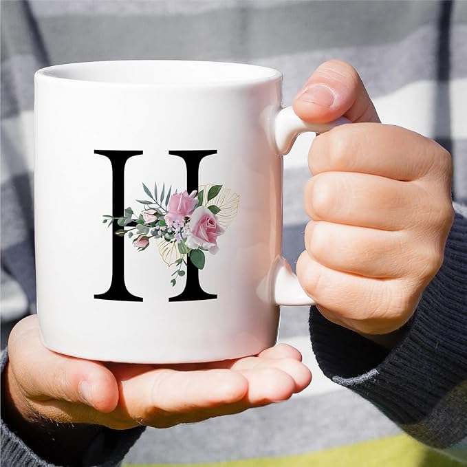 Retreez Initial A-Z Floral Botanical Bouquet Alphabet Monogrammed Monogram Mug 11 Oz Ceramic Tea Coffee Mugs - Appreciation Thank You Wedding Birthday Gifts for her friend coworker sister - H Initial