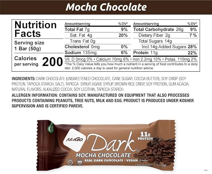 NuGo Dark Chocolate Mocha, 11g Protein Bar, Vegan, Gluten Free, Non-GMO, Kosher Pareve, 24 Count