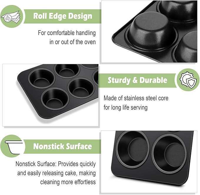 TeamFar Muffin Pan, 6 Cup Muffin Tin Cupcake Pan Tray with Nonstick Coating and Stainless Steel Core, for Home/Kitchen Baking, Healthy & Heatproof, Release Easily & Easy Clean
