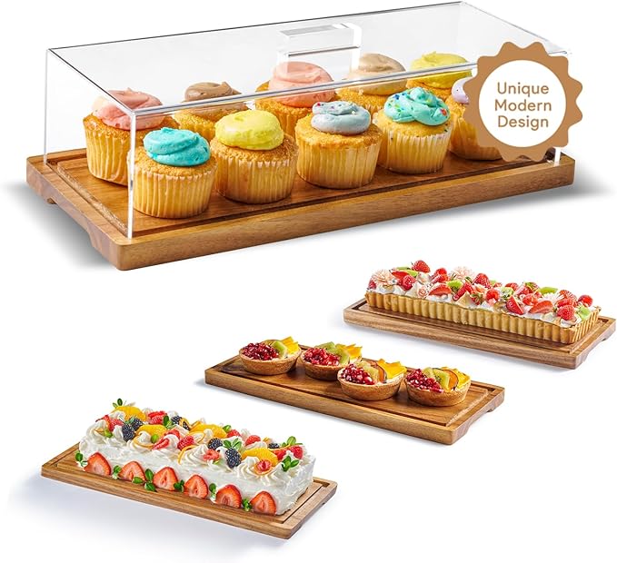 Cake Display with Lid – Acacia Wood Dessert Stand & Wooden Charcuterie Board with Lid for Loaf Cakes, Bread, Pastries, Cheese, Large Rectangle Wood Tray Platter & Acrylic Cover, 15 x 6.25”