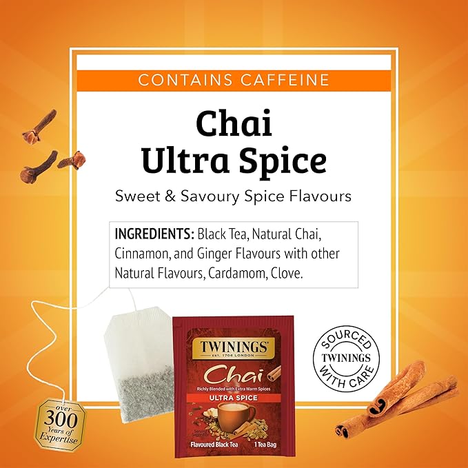 Twinings Ultra Spice Chai Individually Wrapped Bags, 20 Count (Pack of 6), Sweet, Savoury Spices, Caffeinated, Enjoy Hot or Iced, 120 Teabags