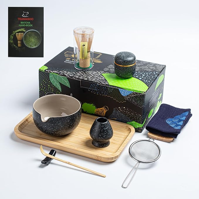 TEANAGOO Matcha Whisk Set,10 Pcs Complete Set Black,Matcha Kit for Ceremony,Matcha Tea Set with Tray,Matcha Whisk Set and Ceramic Bowl with Scoop&Sifter&Powder Jar,Gift for Matcha Lover
