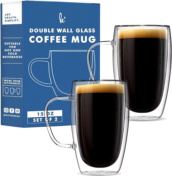 Kitchables Double Walled Glass Coffee Mugs Set of 2, 15oz - Insulated Glass Coffee Mugs for Cappuccino, Latte, Tea, Espresso - Latte Cup - Tazas Para Cafe