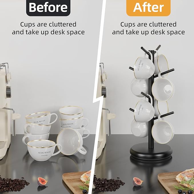 BAMBANG Coffee Mug Tree, 360° Rotating Bamboo Cup Holder Tree for Counter Top, Mug Rack with 8 Hooks, Mug Stand for Coffee Bar, Home, Black