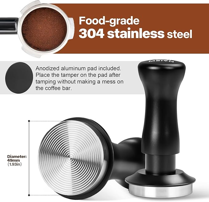 MEION Espresso Tamper 49mm Coffee Tamper, Calibrated Dual Spring Loaded Barista Tamper with Stainless Steel Base, Comes with aluminum storage pad (49MM, Black)