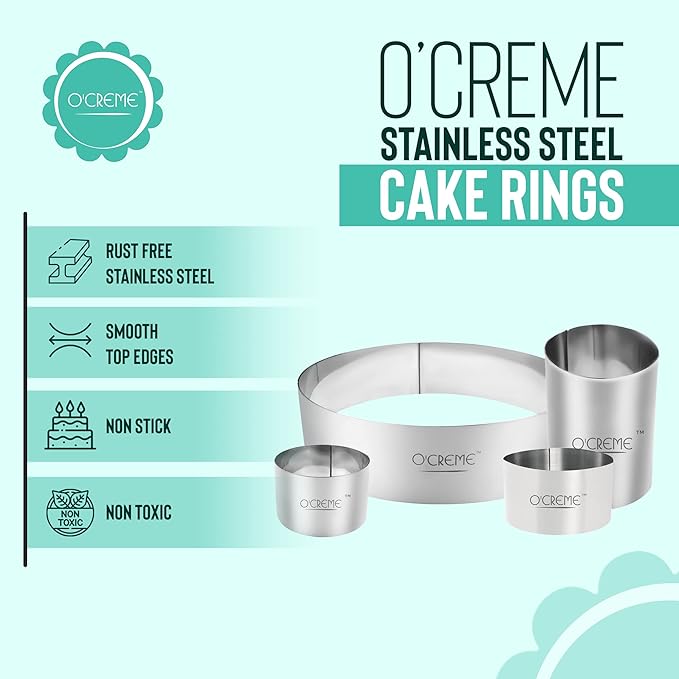 O'Creme Cake Ring Sturdy Stainless Steel Round Mousse Cake Ring Mold for Baking, Dessert Cake Decorating Pastry Rings 8 Inch Diameter x 3 Inch High