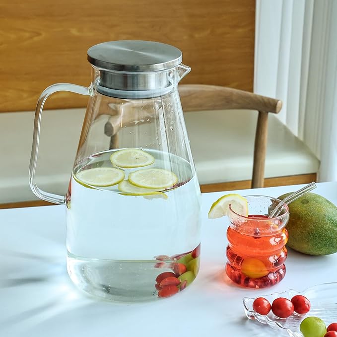 Glass Pitcher with Lid,1 Gallon Glass Water Pitcher Hot/Cold Water Jug, Juice and Iced Tea Beverage Carafe with Lid (Extra-Wide Mouth)