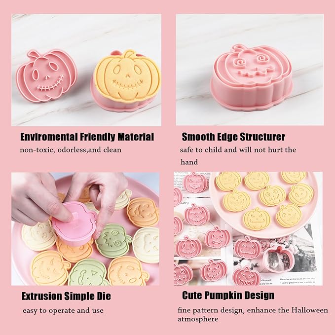 10 Pcs Halloween Cookie Cutters Set with Plunger Stamps, 3D Pumpkin Plastic DIY Cookie Molds for Halloween Party Treat, Baking, Fondant, Cake Decor (F10)