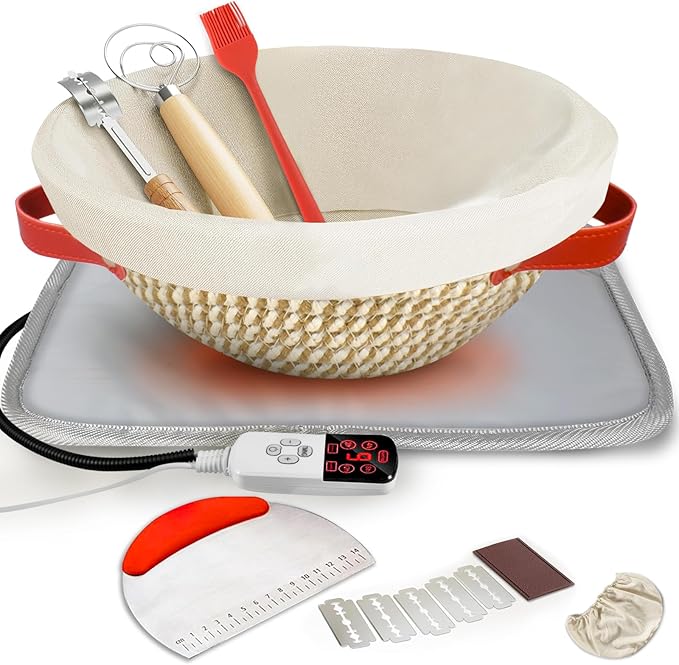 Sourdough Starter Kit Banneton Bread Proofing Basket Set w/Heating Mat,Sourdough Bread Baking Supplies, Sourdough Starter Warmer Mat,Sour Dough Kit Tools,Sourdough Kit Gifts for Bakers Women Wife Mom