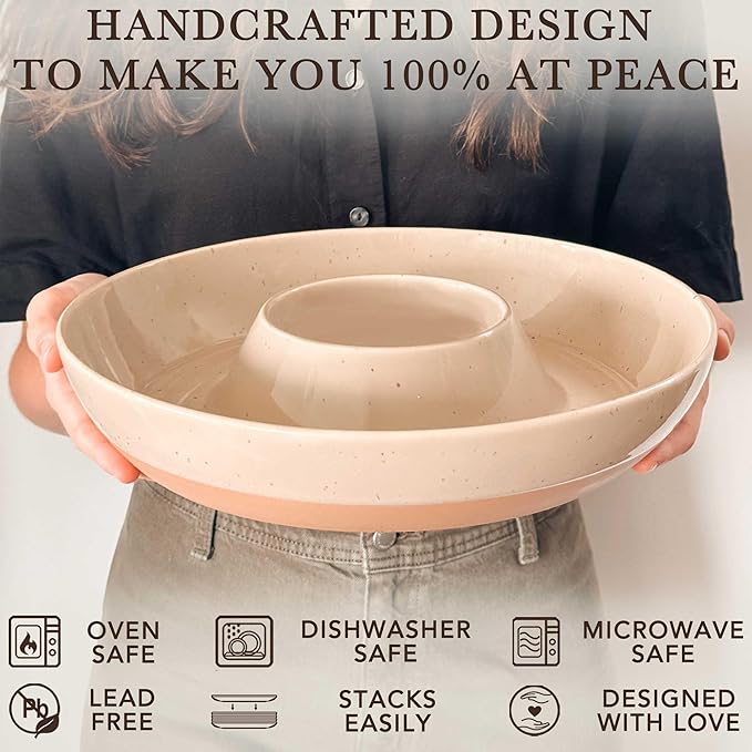 Mora Ceramic Chips and Dip Serving Tray: Large Divided Party Bowl Set for Chips & Salsa, Veggies & Dip, Fruit, Snacks, Entertaining, Hosting, etc. Minimalist Design for the Modern Hostess - Chai
