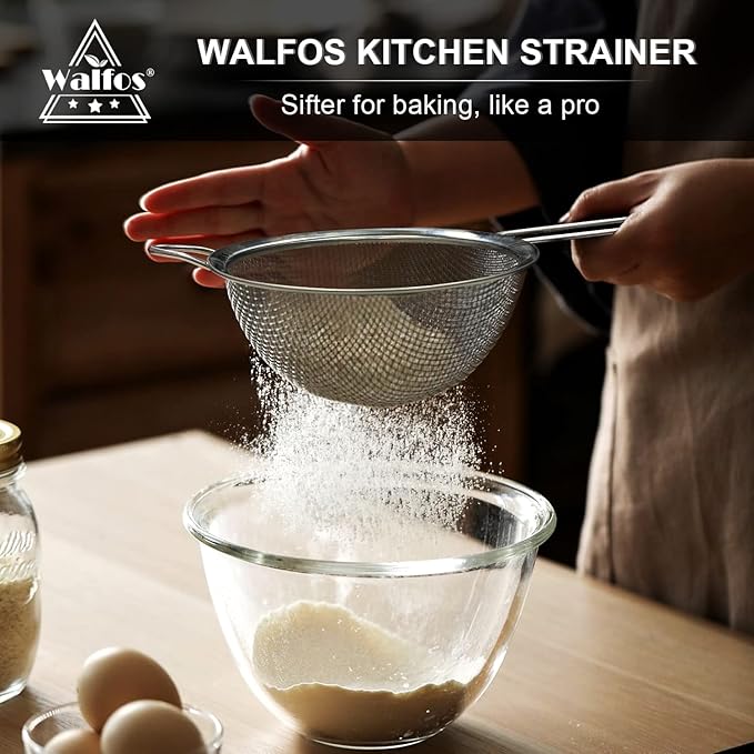 Walfos Fine Mesh Strainer Set of 3, Stainless Steel Wire Strainers for Kitchen, Multipurpose Metal Fine Sieve with Handle, Perfect for Food, Rice, Quinoa, 3", 5", 7"