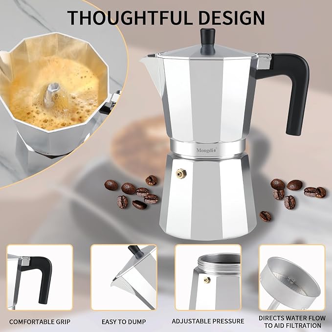 Mongdio Stovetop Espresso Maker Moka Pot, Stove Top Cuban Coffee Maker, Italian Greca Mocha Pot, 12 Espresso Cups, 20 oz - Silver