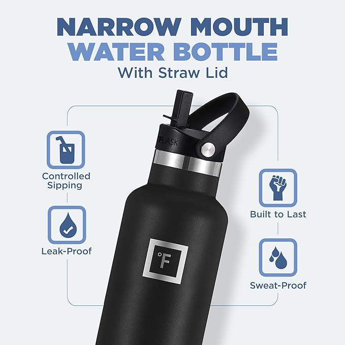 IRON °FLASK Camping & Hiking Hydration Canteens - 3 Lids (Narrow Straw Lid) Leak Proof Vacuum Insulated Stainless Steel - Hot & Cold Double Walled Sports Water Bottle - Winter White, 24 Oz