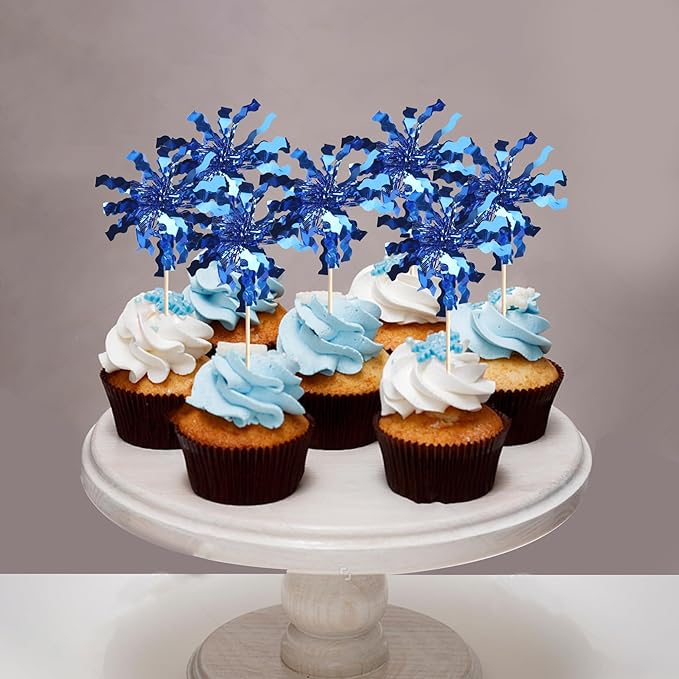30 PCS Foil Firework Cupcake Toppers Sparkle Tinsel Cupcake Picks Happy Birthday Cake Toppers Drink Stirrers Cocktail Fruit Toothpicks for Baby Shower Birthday Party Decorations Supplies Dark Blue