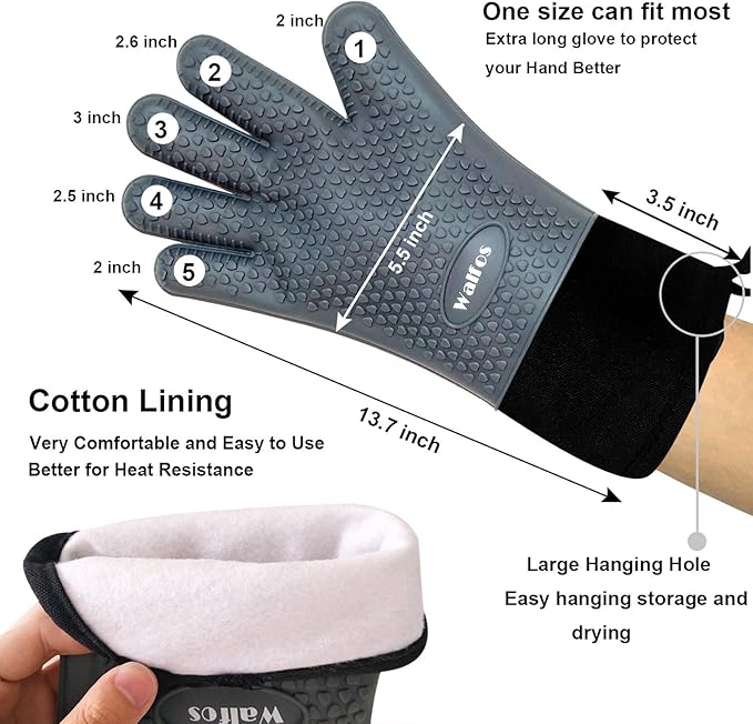 Walfos Silicone BBQ Gloves - Heat Resistant Grilling Gloves, Premium Non-Slip Kitchen Silicone Oven Mitt with Protective Cotton Layer Inside, Waterproof, Great for Grilling, Kitchen and Cooking, Gray