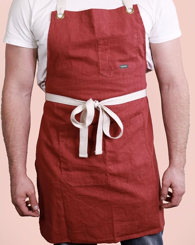 Caldo Linen Kitchen Apron for Cooking - Mens and Womens Linen Bib Apron (Burgundy)