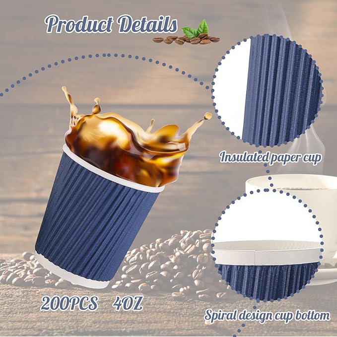 200 Pcs 4oz Paper Espresso Cups Ripple Wall Hot Cups For Coffee Disposable Coffee Cup Paper Hot/Cold Drinking Cups for Party, Picnic, Travel and Events (Blue)