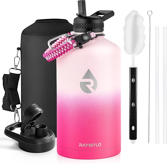 One Gallon Water Bottle Insulated, Triple Walled Vacuum Stainless Steel (Cold for 48 Hrs), Leak Proof & Non-BPA, Large Water Flask Jug with Paracord Handle & Straw Spout Lids