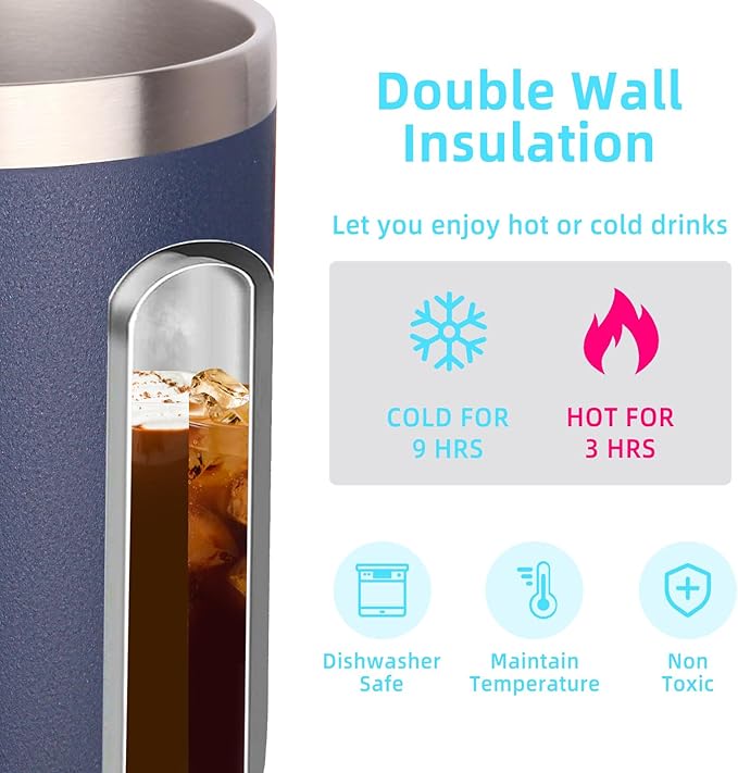 Volhoply 14oz Insulated Stainless Steel Coffee Mug with Leakproof Lid,Double Wall Vacuum Travel Coffee Cup with Handle,Reusable Metal Cups Tumbler,Camping Mugs Keep Hot&Cold,Ideal Gifts(Navy,1)