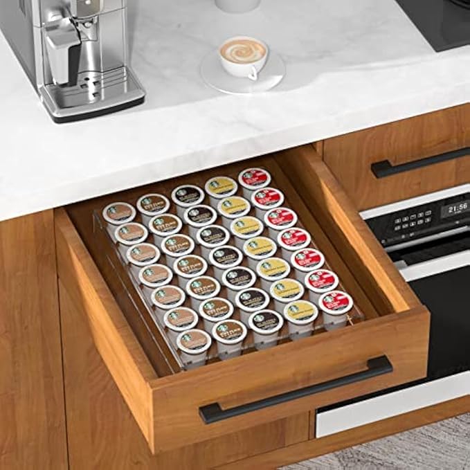 AITEE Acrylic K Cup Drawer Organizer, Clear K Cup Organizer Tray for Drawer or Countertop Storage,Hold 35 Coffee Capsules,K Cup Coffee Pod Holder for Office and Kitchen K Cup Storage (11.6x15.3Inches)