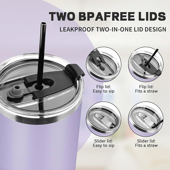 30 oz Tumbler with Lids and Straws, Stainless Steel Insulated Coffee Tumbler, Double Wall Vacuum Insulated Travel Mug Cup, Leakproof Thermal Coffee Cup for Hot and Cold Drinks (Light Purple)