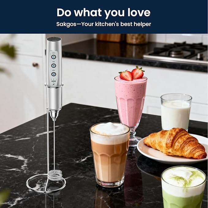 Milk Frother with Stand Rechargeable-Handheld Frother Wand with 3 Stainless Whisks 3 Speed Adjustable, Electric Whisk Drink Mixer, Foam Maker Blender for Matcha Latte Cappuccino Chocolate