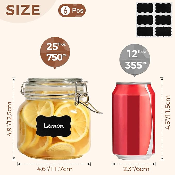 ComSaf 25oz Airtight Glass Canisters with Lids Set of 6, Square Food Storage Jar Container with Clamp Lids for Kitchen Canning Cereal Coffee Pasta Sugar Beans Spice, Clear Mason Jars with 12 Labels