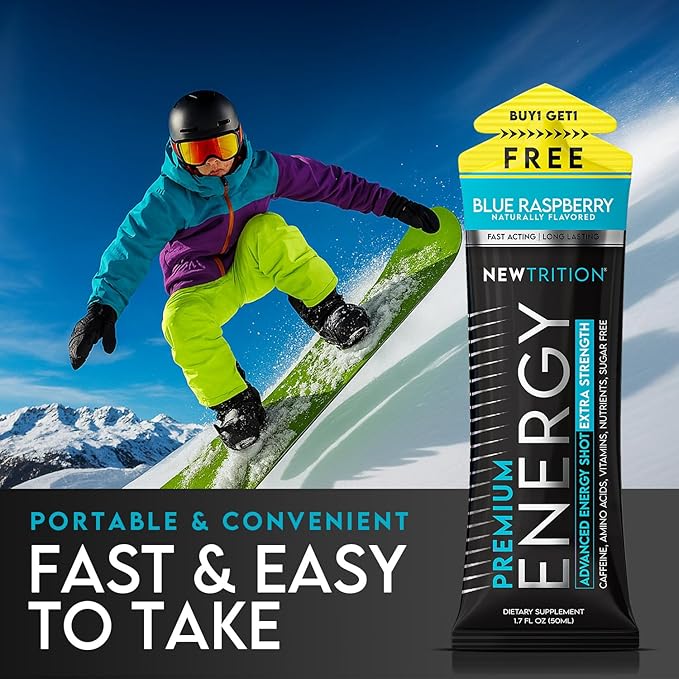 NewTrition® Extra Strength Energy Shots, 1.7 fl oz (Pack of 24, Blue Raspberry flavor) - 250mg Caffeine with Vitamin B & Amino Acids, Sugar-Free, Zero Calorie Vitamin Energy Drink for Focus & Endurance