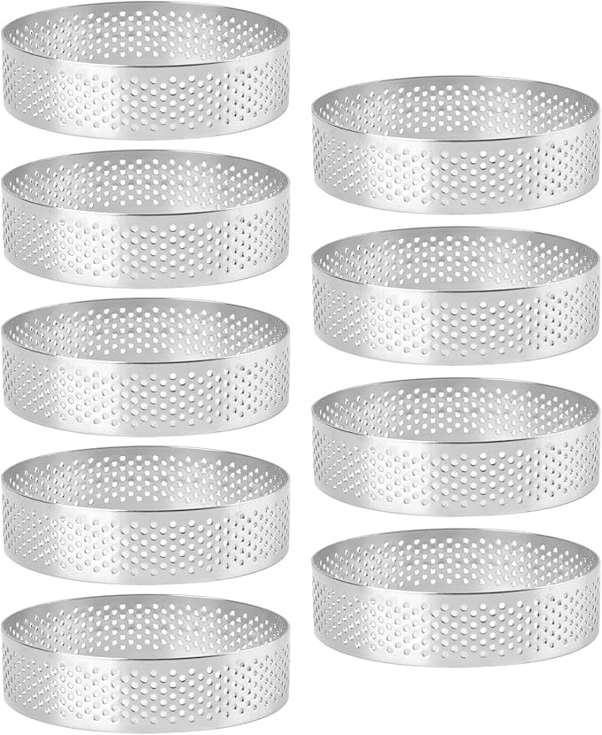 Frcctre 9 Pack 3.15 Inch 304 Stainless Steel Tart Rings, Heat-Resistant Perforated Nonstick Round Mousse Cake Rings Metal Crumpet Ring Pastry Mold Circle Tartlet