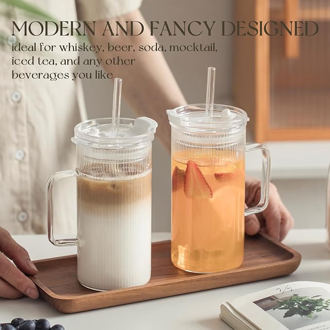 KEMORELA 2PCS Glass Tumbler with Lid and Straw - 24oz Ribbed Drinking Cups with Straw & Lid, Iced Coffee Cups - Reusable Glass Tumblers for Tea, Juice, Bubble Tea