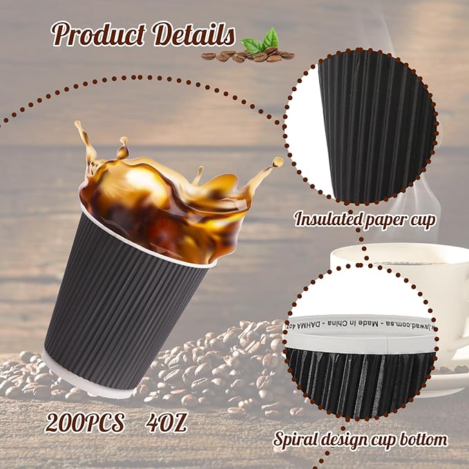 200 Pcs 4oz Paper Espresso Cups Ripple Wall Hot Cups For Coffee Disposable Coffee Cup Paper Hot/Cold Drinking Cups for Party, Picnic, Travel and Events (Black)