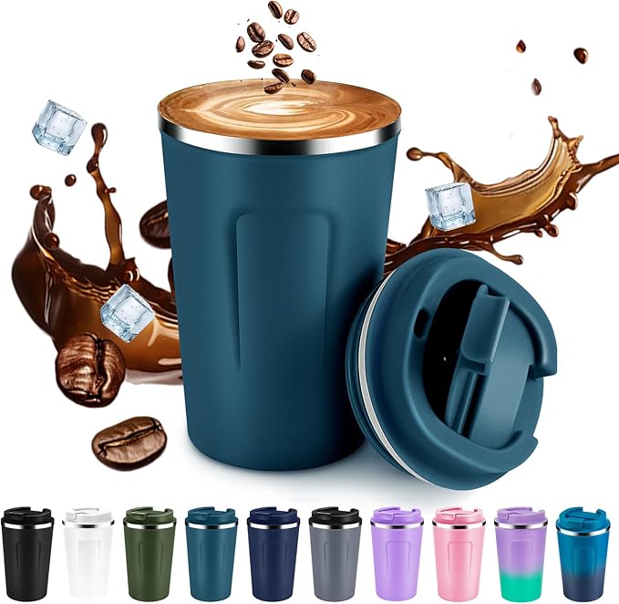 Volhoply 12 oz Double Wall Insulated Vacuum Travel Coffee Mug with Flip Lid,Reusable Stainless Steel Leak Proof Coffee Cup,Portable Iced Cafe Thermal Tumbler Suitable for Hot & Cold Drinks(Bule,1 Set)
