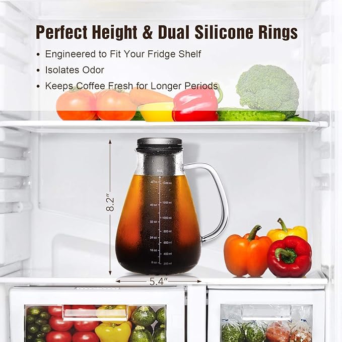 Cold Brew Iced Coffee Maker 51oz, Brewed Coffee Pot with Removable Double Mesh 304 Stainless Steel Filter, BPA-Free Cold Brew Pitcher Glass Container, Tea Maker