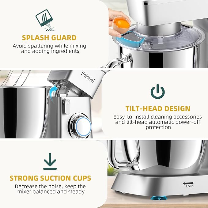 Stand Mixer, 6QT 10+P Speed Tilt-Head Kitchen Electric Mixer, Food Mixer with Stainless Steel Bowl, Dough Hook, Flat Beater, Wire Whisk, Splash Guard for Daily Use - Silver