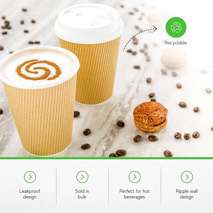 500-CT Disposable Kraft 12-OZ Hot Beverage Cups with Ripple Wall Design: No Need for Sleeves - Perfect for Cafes - Eco-Friendly Recyclable Paper - Insulated - Wholesale Takeout Coffee Cup